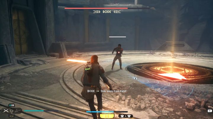 One of Bode's new attacks is a simultaneous lightsaber throw and traps scattering - Jedi Survivor: How to defeat the final boss - Bode Akuna? - Bosses - Star Wars Jedi Survivor guide