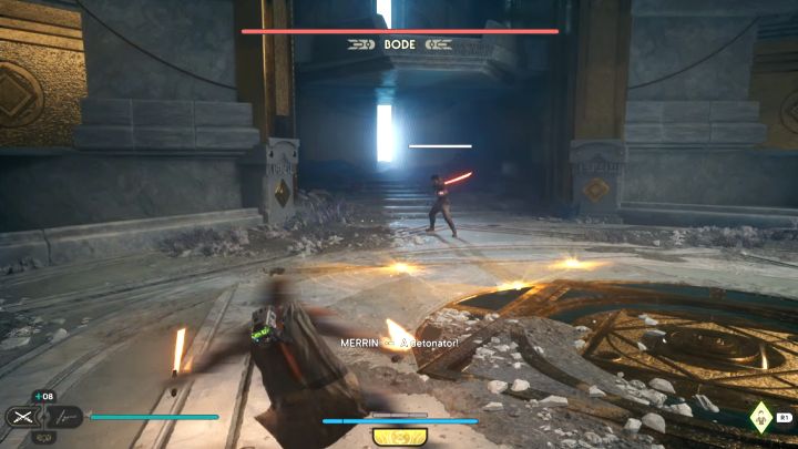 From the very beginning of the fight and during it, the boss likes to scatter explosive traps across the arena - Jedi Survivor: How to defeat the final boss - Bode Akuna? - Bosses - Star Wars Jedi Survivor guide