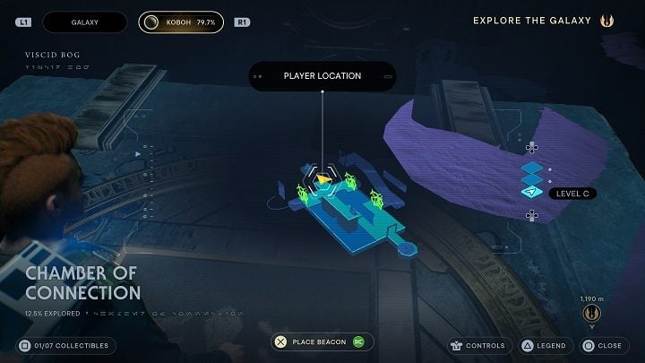 To get to the only chest available in this location, you must go forward and stand on the button - this will open the door to a storage room with an orb - Jedi Survivor: Chamber of Connection - list of secrets - Koboh - Star Wars Jedi Survivor guide