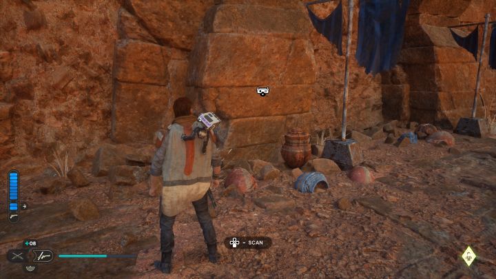The place to scan is on the border with the Path of Conviction ruins - Jedi Survivor: Arid Flats on Jedha - list of secrets - Jedha - Star Wars Jedi Survivor guide