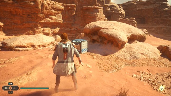 The chest is on a small hill adjacent to the monster cave where you found the previous 3 secrets - Jedi Survivor: Arid Flats on Jedha - list of secrets - Jedha - Star Wars Jedi Survivor guide
