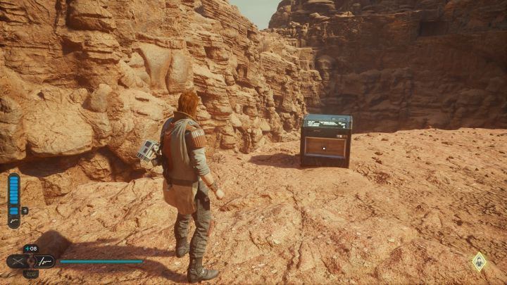The chest is at the end of the path leading to the precipice, next to where the rope is hung up, and a shortcut is created - Jedi Survivor: Desert Ridge on Jedha - list of secrets - Jedha - Star Wars Jedi Survivor guide