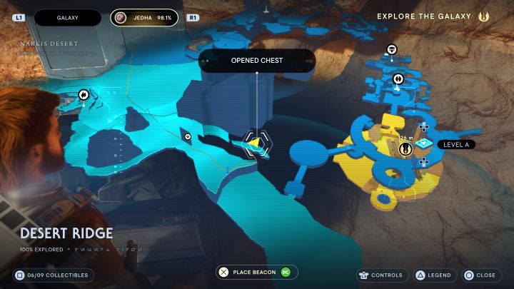 The chest is on the ledge next to the place where you can create a shortcut by cutting the rope - Jedi Survivor: Desert Ridge on Jedha - list of secrets - Jedha - Star Wars Jedi Survivor guide