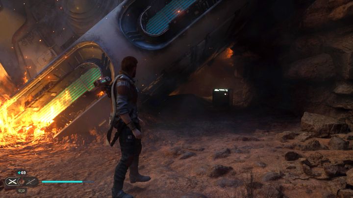 The chest is hidden under a burning wreck in the location where you encounter a Skriton and imperial officers - Jedi Survivor: Whistling Drop on Jedha - list of secrets - Jedha - Star Wars Jedi Survivor guide