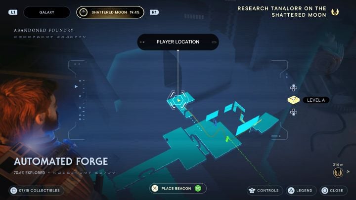 You can reach the station to be scanned from the side of the ledge, where shortcuts are unlocked (hanging ropes) - Jedi Survivor: Automated Forge on Shattered Moon - list of secrets - Shattered Moon - Star Wars Jedi Survivor guide