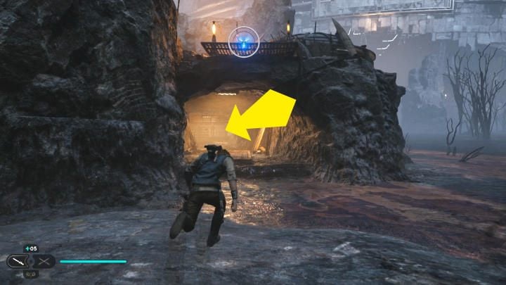 Go to the right, then jump to a low platform floating in the bog and turn around - Star Wars Jedi Survivor: Rescue Zee from the Lucrehulk. - Walkthorugh - Star Wars Jedi Survivor guide