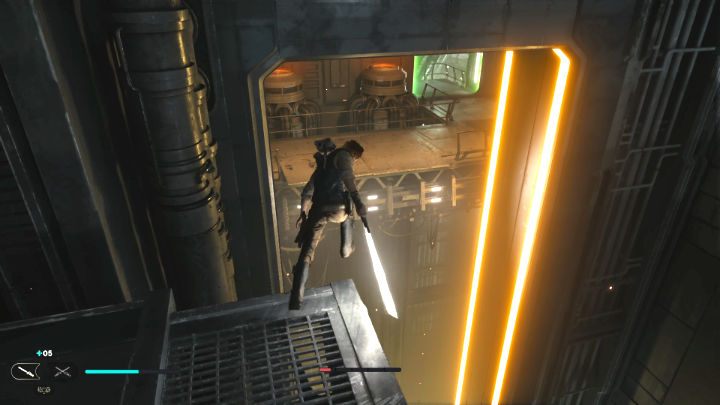 Further to the left, you must jump over a gap to land on the platform below - Star Wars Jedi Survivor: Rescue Zee from the Lucrehulk. - Walkthorugh - Star Wars Jedi Survivor guide