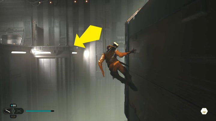 Take a run-up, jump to the moving container and run across it, then dash forward and use the grappling hook, so that you land at your destination - Star Wars Jedi Survivor: Rescue Zee from the Lucrehulk. - Walkthorugh - Star Wars Jedi Survivor guide