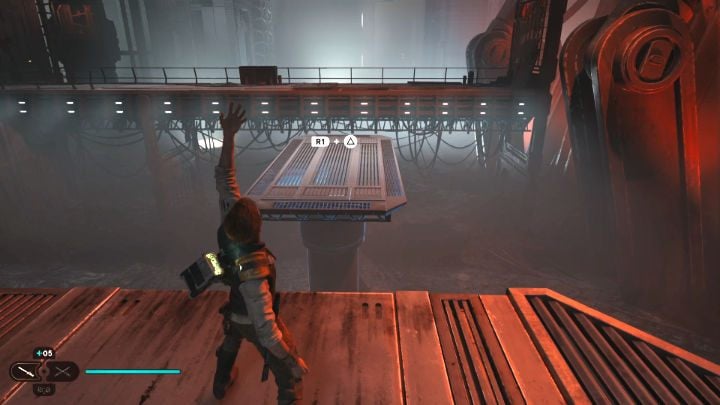 Using your newly acquired abilities, return to the top of the hangar, to the meditation point at the Lucrehulk Core - Star Wars Jedi Survivor: Rescue Zee from the Lucrehulk. - Walkthorugh - Star Wars Jedi Survivor guide