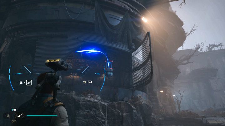 Standing on the lower level, use the BD-1 Electro Dart to overload the object and move the wall on the right, which you will use to get to the other side - start running when the wall is going back to the starting position - Star Wars Jedi Survivor: Confront Dagan at the Koboh Observatory - Walkthorugh - Star Wars Jedi Survivor guide