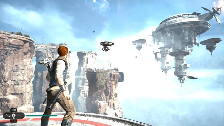 Use the Force to pull the balloon out of the machine on the right and position it so you can jump to the nearest platform - Star Wars Jedi Survivor: Confront Dagan at the Koboh Observatory - Walkthorugh - Star Wars Jedi Survivor guide