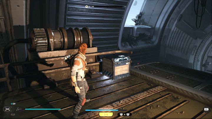 Cal will eventually reach a higher ledge, where, in addition to the droid, is also a chest with an item of clothing - Jedi Survivor: Array Channel on Shattered Moon - list of secrets - Shattered Moon - Star Wars Jedi Survivor guide