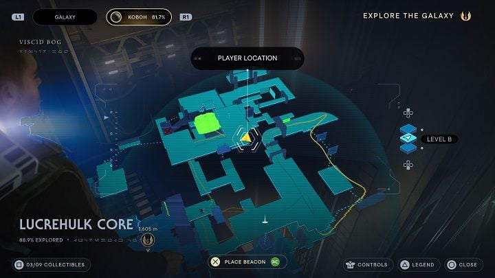 Then walk towards the path behind the turret and jump down to the shelf below shown in the above screenshot - Jedi Survivor: Lucrehulk Core - list of secrets - Koboh - Star Wars Jedi Survivor guide