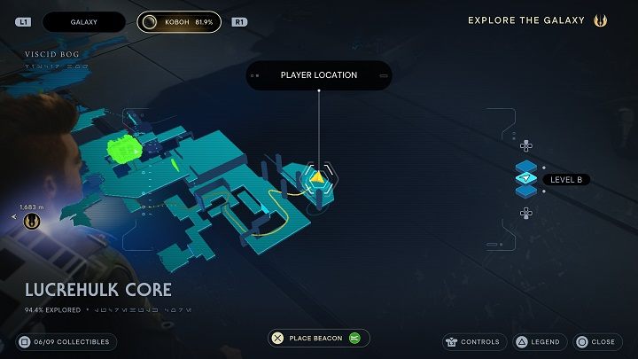 After collecting the Priorite Shard from the fleeing Droid, jump over the precipice toward the place from where the turrets fired - Jedi Survivor: Lucrehulk Core - list of secrets - Koboh - Star Wars Jedi Survivor guide