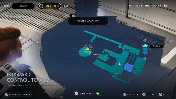 Starting from the meditation point, head to the corridor visible on the left and in the next room, jump through the broken window to jump down to the large circular platform - Jedi Survivor: Forward Control Tower - list of secrets - Koboh - Star Wars Jedi Survivor guide