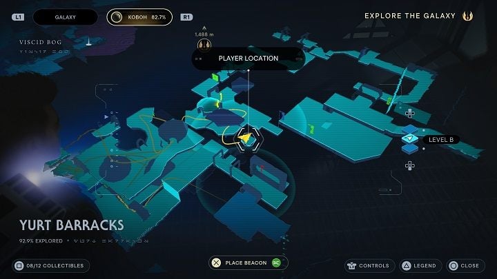 Now jump to the opposite shelf to find the last Priorite Shard in the area - Jedi Survivor: Yurt Barracks - list of secrets - Koboh - Star Wars Jedi Survivor guide