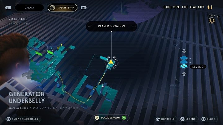 From the lowered platform you can now get on the walls and reach the essence to increase your Force level - Jedi Survivor: Generator Underbelly - list of secrets - Koboh - Star Wars Jedi Survivor guide