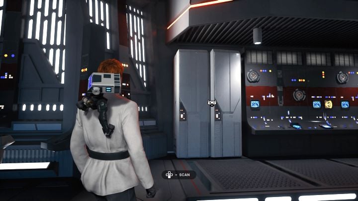 After meeting Denvik (a cutscene) and putting on the officer's disguise, stay in the command center and scan the locker from the screenshot - Jedi Survivor: Central Command at Nova Garon - list of secrets - Nova Garon - Star Wars Jedi Survivor guide