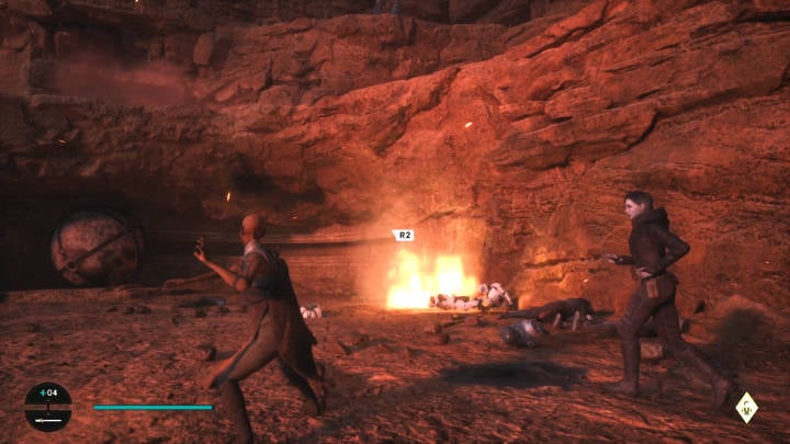 Use the Force to move the orb in the wall - this will trigger a mechanism that will drop a bomb on the siege machines - Star Wars Jedi Survivor: Bring Compass to Cordova on Jedha - Walkthorugh - Star Wars Jedi Survivor guide