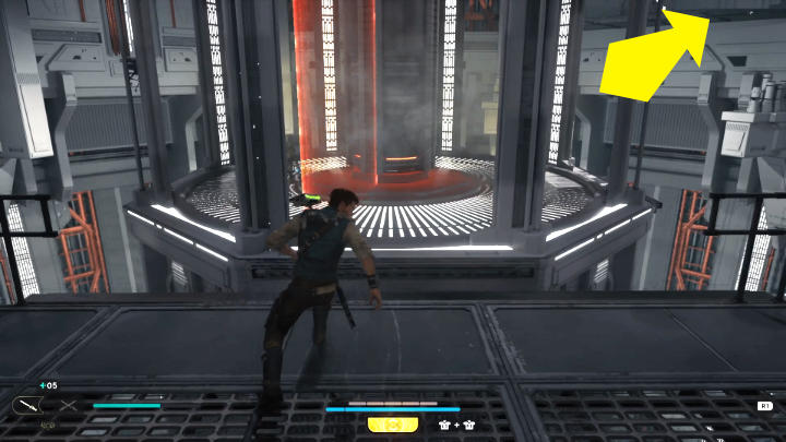 When you reach the spot shown in the screenshot , you will have to run through the central rotating point of the room, avoiding the red walls or dashing through them and grabbing the hooks on the right side - Star Wars Jedi Survivor: Locate Bode - Walkthorugh - Star Wars Jedi Survivor guide