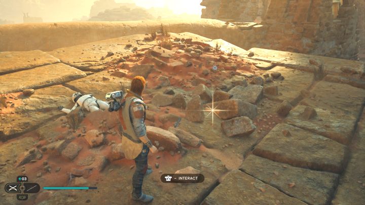 This Jedha Scroll is on the ground in the central part of the ruins - the same area where you encounter a group of enemies - Jedi Survivor: Monastery Walls on Jedha - list of secrets - Jedha - Star Wars Jedi Survivor guide