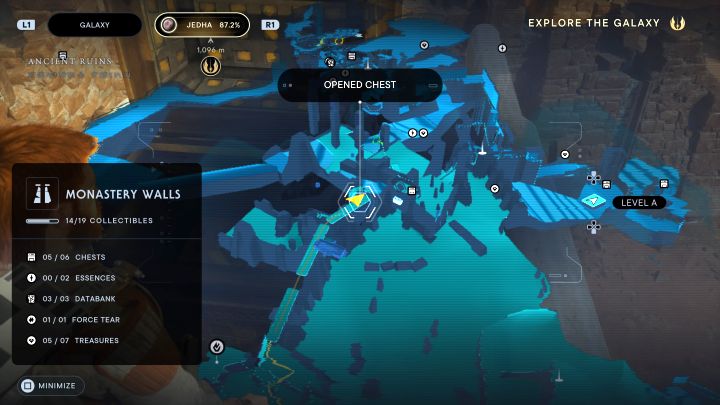 First you need to reach the top walls and the path to them leads through the left area of the ruins - Jedi Survivor: Monastery Walls on Jedha - list of secrets - Jedha - Star Wars Jedi Survivor guide