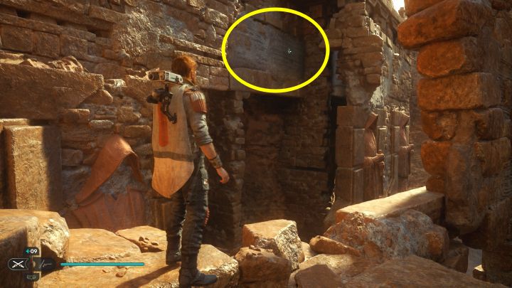 Further along the way, you'll encounter a possibility to jump up to an interactive hitch at a wall neighboring the main path - Jedi Survivor: Penitent Chambers on Jedha - list of secrets - Jedha - Star Wars Jedi Survivor guide