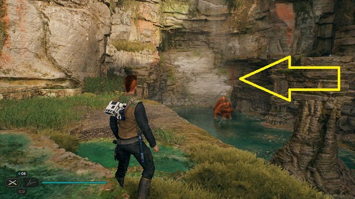 After emptying the previous chest, jump down and proceed in the direction of the waterfall seen in the distance - Jedi Survivor: Swindlers Wash - list of secrets - Koboh - Star Wars Jedi Survivor guide
