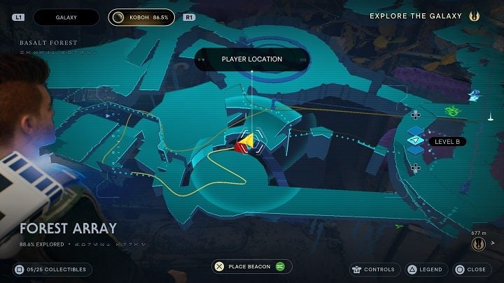 Go on ahead, running along the wall to reach the aforementioned locked door - you can now open it from the other side - Jedi Survivor: Forest Array - list of secrets - Koboh - Star Wars Jedi Survivor guide