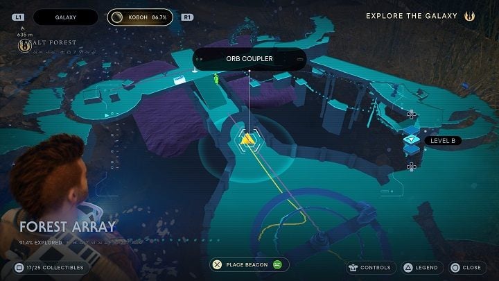 Place the orb in the mechanism and rotate it towards the meditation point - Jedi Survivor: Forest Array - list of secrets - Koboh - Star Wars Jedi Survivor guide