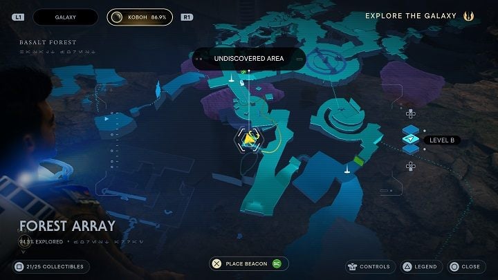 After collecting the Datadisc, jump down towards the shortcut-opening device, then even lower onto the path - Jedi Survivor: Forest Array - list of secrets - Koboh - Star Wars Jedi Survivor guide