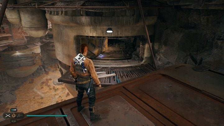 From it, jump down to the footbridge below and then enter the dark room in the building - Jedi Survivor: Bygone Settlement - list of secrets - Koboh - Star Wars Jedi Survivor guide