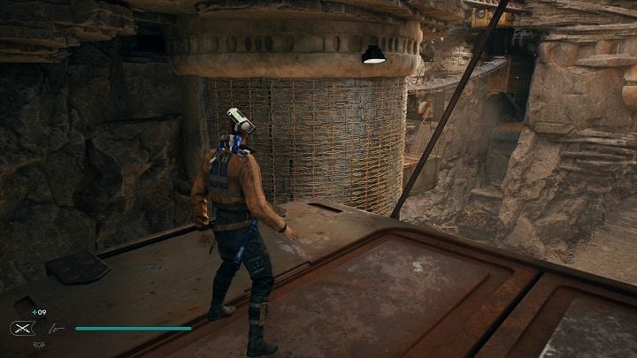 Return to the hanging container and jump onto the wall to climb - Jedi Survivor: Bygone Settlement - list of secrets - Koboh - Star Wars Jedi Survivor guide