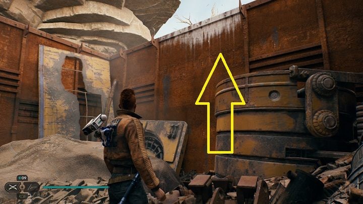 After opening the door, you can climb higher by grabbing the dirty edge - Jedi Survivor: Bygone Settlement - list of secrets - Koboh - Star Wars Jedi Survivor guide