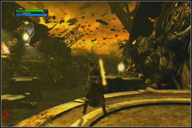 Jump on other side of the destroyed ramp and continue running straight forward - Mission 08: Imperial Raxus Prime - part 1 - Walkthrough - Star Wars: The Force Unleashed - Game Guide and Walkthrough