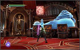 After destroying the frozen door in the casino, you will find yourself in a room with Guybrush Threepwood's statue and Jabba hologram - Cato Neimoidia - Eastern Arch - Hidden holocrons - Star Wars: The Force Unleashed II - Game Guide and Walkthrough