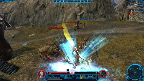 After killing each group, look out for yellow beams of light that can (but dont have to) come out of the bodies of the killed Savage Manka Cats - (L06) Pilgrim Medicine - Tython - Star Wars: The Old Republic Game Guide