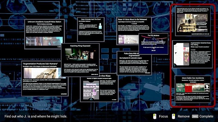 The correct notes are - two regarding Jeff Kosowski (they both have Kurtz Holographic Scanning logos, the same one that appears on the business card found in the cleanbot) and one regarding an increasing number of car accidents (this note has a Break Point logo) - Monday, January 13th 2048, Berlin, West Plaza; The Voice - Chapter two - State of Mind Game Guide