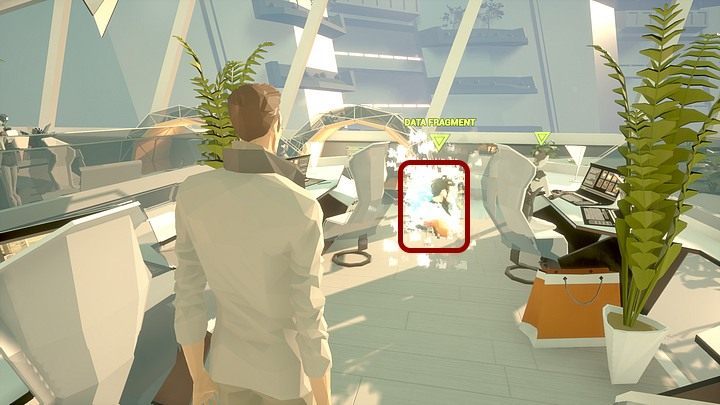 Once the quake is over, draw your attention to the glittery object on your left (data fragment 2) - this time it will resemble Richards face - Tuesday, City5 Central, Infinity Plaza, The Present - Chapter three - State of Mind Game Guide