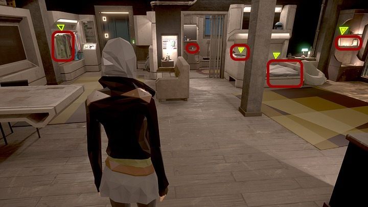 As you are heading towards the door, take interest in: a green jacket on the hanger in the hallway, a medicine on the bathroom sink (which you need to take), a photo of a boy lying on the bed, a bed and the photos of parents located on the shelf by the bed - Friday, January 29th 2044, New York City, Queens, Angela Davis apartment - Chapter three - State of Mind Game Guide