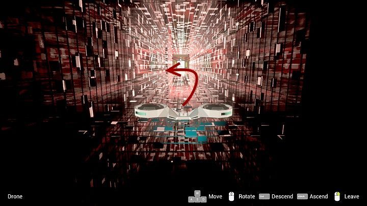 The one which guards the exit, rotates all the time, so fly in its direction when it begins to turn backwards to the drones controlled by Adam (the back is less red and without any luminous lights), and instantly turn into the first passage on the left - Wednesday, City5 Central, Adam Newmans apartment; Kurtz Recreation Center - Chapter four - State of Mind Game Guide