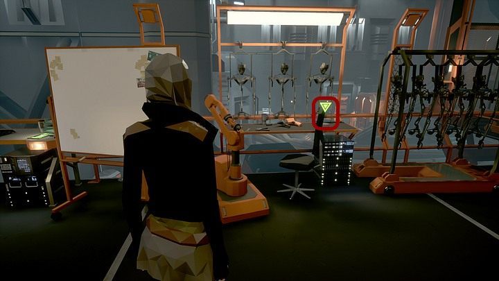 Continue your inspection of the room, and when at the next desk (behind the whiteboard with sticky notes), take the duck tape - Thursday, January 16th, the year 2048, Montauk, Long Island, Robotics Lab - Chapter five - State of Mind Game Guide