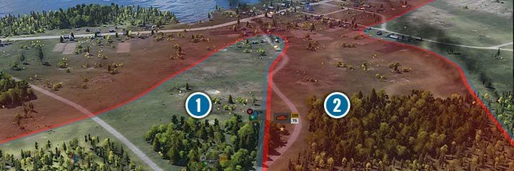 In the above situation the tank of red still cannot see the blue infantry. Therefore, the infantry can still spread the control zone on the left side, because there are no other enemies (1). Similarly the tank, it moves the front border on its side because it does not meet any resistance from the enemy (2). - Front and Strategic Points | Steel Division 2 - Basics - Steel Division 2 Guide