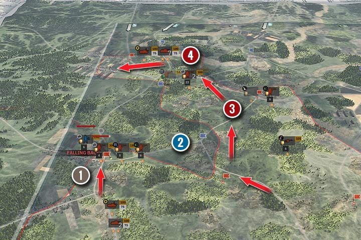 Circling the enemy is difficult to achieve, but if used properly, it will make it easier to deal with his troops. At the southern point there are still fights in progress (1) and the opponent still has troops at the next strategic point (2). However, red has bypassed the enemys position and placed some troops on the west side (3). The tank and infantry spy broke the enemys defense and cut off their supplies (4). Now its time to finish the enemy and take over the remaining points. - Front and Strategic Points | Steel Division 2 - Basics - Steel Division 2 Guide