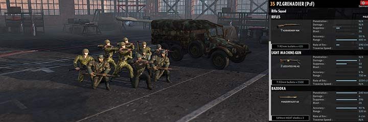 The Armored Grenadiers (PzF) is the most valuable infantry unit in this division. They have as many as two machine guns and a panzerfaust. They can strike enemy infantry from a distance of 500m and effectively destroy tanks from a distance of 120m. It is worth adding many of these troops to support the numerous tanks of this battle group. - 5. Panzer | Divisions of the Axis in Steel Division 2 - Divisions of the Axis - Steel Division 2 Guide