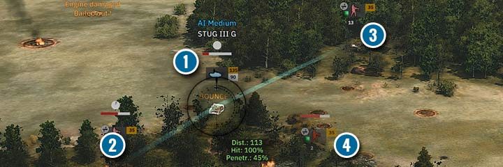 Before attacking, prepare your infantry units or position them in such a way as to create trap areas. In this case, Stug (1) has detected and started firing on the infantry in the south (1). Their armor-piercing weapon does not cause any damage, as it bounces off the armor. The Stug has a good front armor. However, it is exposed to infantry fire from the opposite side (3). In the lead there is another unit (4), which will attack when other teams run out of anti-tank ammunition. - Units armor - how to destroy tanks and vehicles in Steel Division 2 - Units - Steel Division 2 Guide
