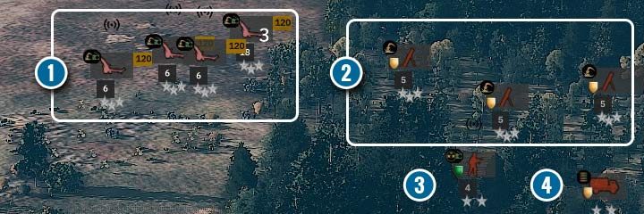 The howitzers have a radio (1) so they can easily correct their fire. In this case, mortars cannot benefit from this bonus (2). The lack of a green radio icon indicates no connection to an artillery observer. It is worth to place a commander or leader (3) near the fire stations and a supply truck so as not to run out of ammunition (4). - Radio and artillery fire | Steel Division 2 - Units - Steel Division 2 Guide