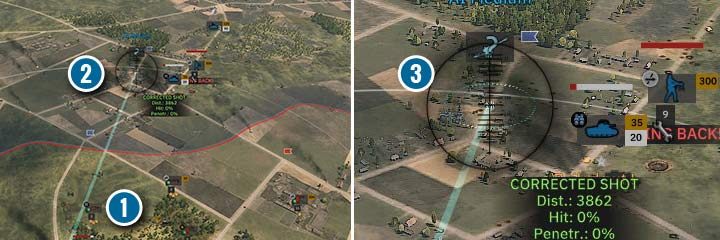 An artillery observer (1) can increase the capacity of a howitzer by allowing for corrected firing (2). In this way, the artillery increases accuracy and narrows the field of fire. Sometimes you will prefer to cover a larger area to pin down more enemy units, but a corrected bombardment is particularly useful for fighting enemy artillery (3). - Radio and artillery fire | Steel Division 2 - Units - Steel Division 2 Guide