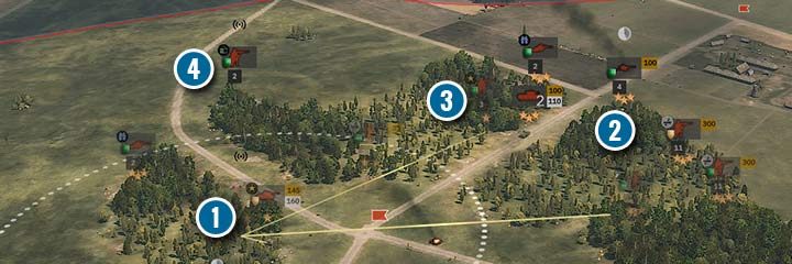The commander provides +2 levels of experience to other units (1). The units in the eastern part of the forest (2) have 3 levels of experience (3 stars), which is not possible in the normal way! The other leaders do not take advantage of this bonus (3), but rather spread their aura. Squads outside their reach do not benefit from this bonus (4). - Experience, Leaders, and Commanders | Steel Division 2 - Units - Steel Division 2 Guide