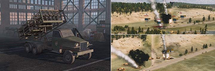 A rocket volley from BM-31 is able to nail any enemy unit, thanks to its powerful 300mm rockets. In the picture above, rocket fire nailed a group of tanks, and the other three Pazners panicked - and were hit by the last rocket. - 26th Gvard. Strelkovy | Allied divisions in Steel Division 2 - Allied divisions - Steel Division 2 Guide